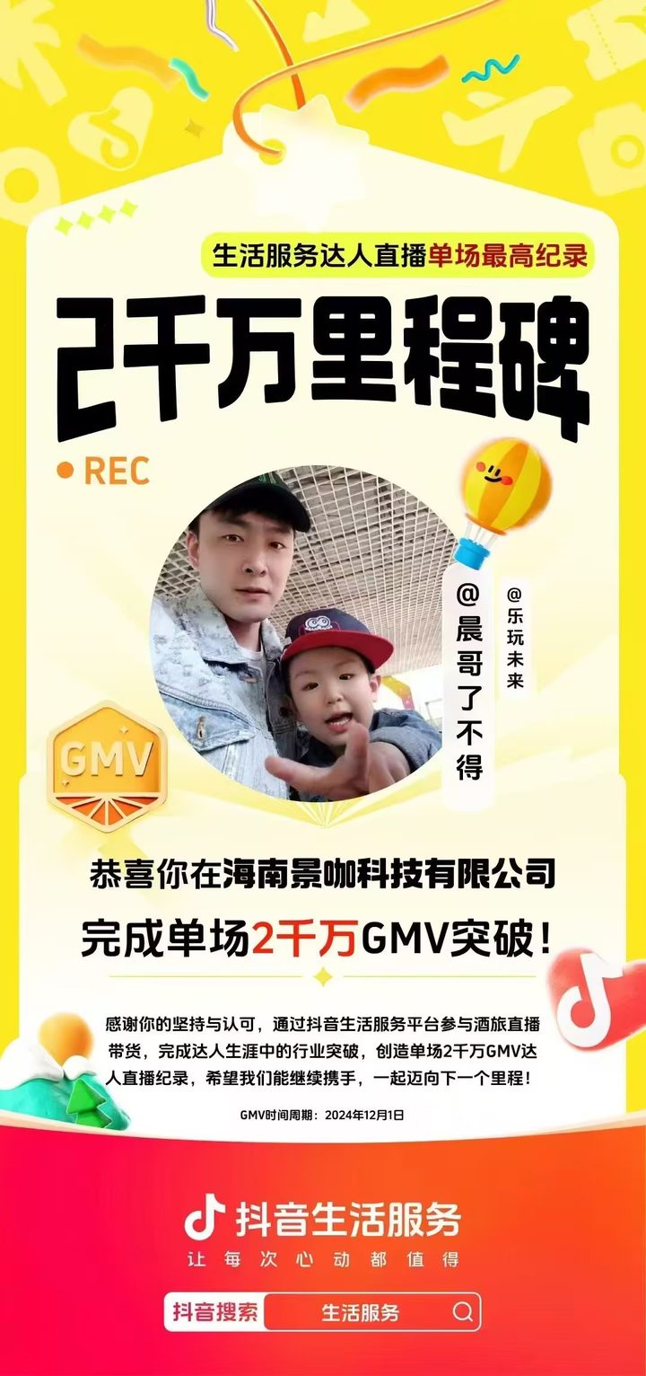 抖音生活服务单场2千万GMV里程碑 - 海南景咖科技有限公司
